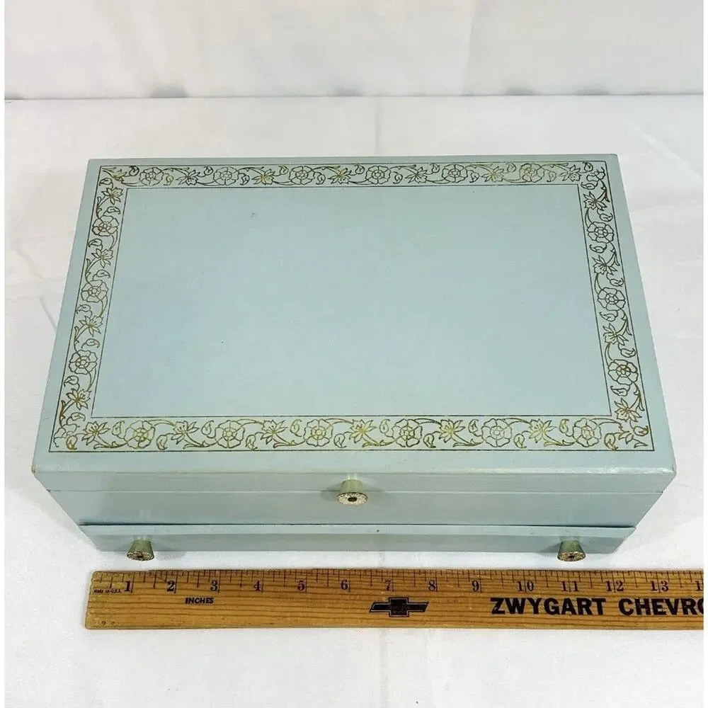 Vintage Lady Buxton Style Jewelry Box Chest MCM Blue Faux Leather Velvet Lined